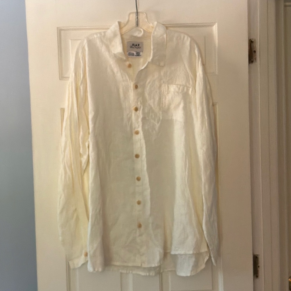 FLAX White Linen Button Down Shirt L 14 16 18 NEW Coastal Minimalist Lagenlook